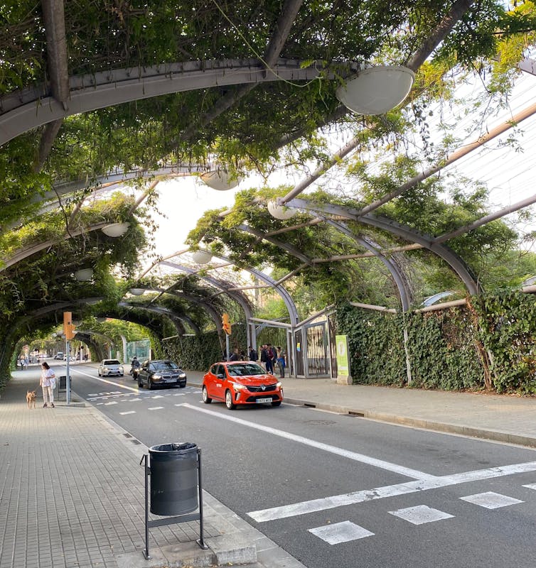 Foto mostra uma rua. Sobre ela, uma estrutura de metal serve de base para a vegetação, que fornece sombra ao espaço